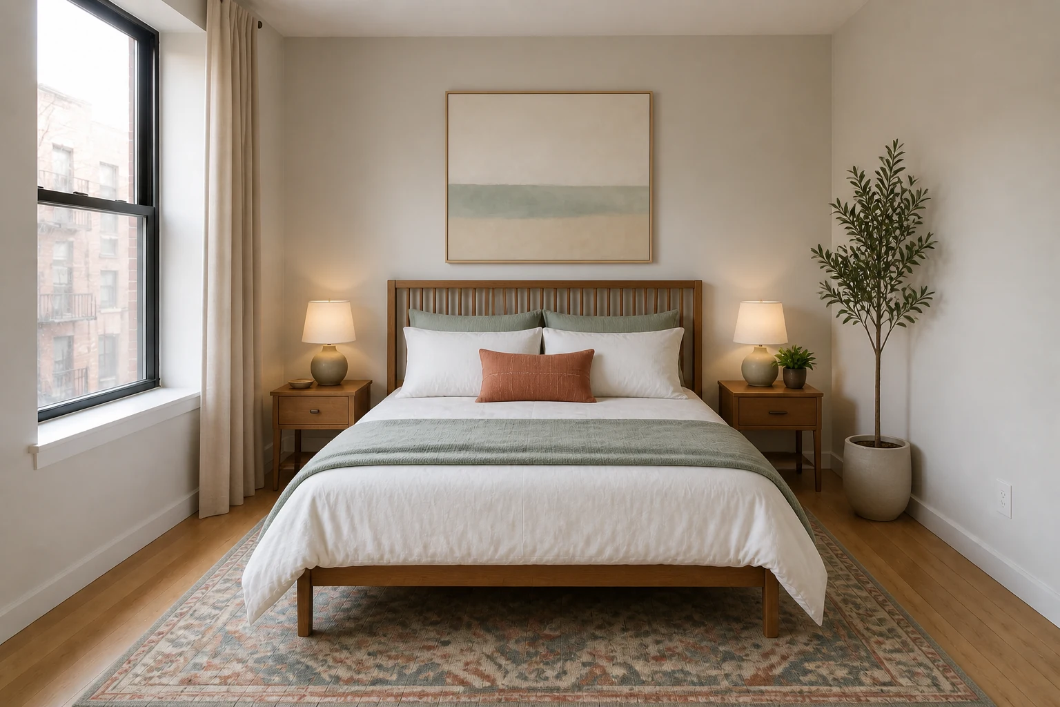 A RoomDone bedroom example with a gray bed, white dresser, and black nightstand