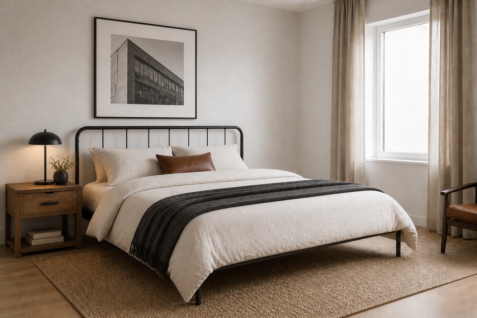 Illustrative soft industrial bedroom preview